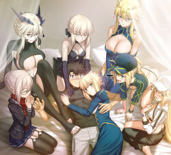 Rule 34 | 1boy, 6+girls, absurdres, ahoge, artoria caster (fate), artoria caster (swimsuit berserker) (fate), artoria caster (swimsuit berserker) (first ascension) (fate), artoria pendragon (fate), artoria pendragon (lancer) (fate), artoria pendragon (lancer alter) (fate), bare shoulders, bed sheet, besmiled, black hair, blonde hair, blue eyes, blush, breasts, cleavage, closed eyes, curtains, dress, fate/grand order, fate (series), fujimaru ritsuka (male), green eyes, highres, large breasts, long hair, long sleeves, medium breasts, multiple girls, mysterious heroine x alter (fate), mysterious heroine xx (fate), pillow, saber (fate), saber alter, short hair, sidelocks, small breasts, smile, thighhighs, thighs, yellow eyes