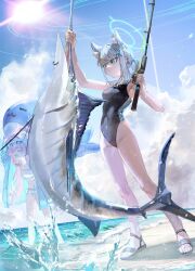 2girls animal animal_ears arm_up beach bikini bikini_skirt black_one-piece_swimsuit blue_archive blue_eyes breasts carrying_overhead closed_eyes covered_navel cross_hair_ornament day expressionless extra_ears eyewear_on_head fish fishing fishing_rod full_body groin hair_bobbles hair_ornament halo hand_up highres holding holding_animal holding_fish hoshino_(blue_archive) hoshino_(swimsuit)_(blue_archive) legs long_hair medium_breasts multiple_girls ocean official_alternate_costume one-piece_swimsuit open_mouth outdoors pink_hair quasarcake sandals shiroko_(blue_archive) shiroko_(swimsuit)_(blue_archive) skin_tight smile splashing sun sunglasses sunlight swimsuit toes twintails very_long_hair waves white_bikini white_hair wolf_ears