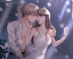 1boy 1girl blurry blurry_background blush breasts brown_hair collared_shirt couple dress grey_hair hair_between_eyes hand_on_another&#039;s_chin hetero hickey highres long_hair looking_at_another love_and_deepspace medium_breasts open_clothes open_mouth open_shirt protagonist_(love_and_deepspace) saliva_swap shirt short_hair sleeveless sleeveless_dress spaghetti_strap tears twitter_username upper_body watermark white_dress white_shirt xavier_(love_and_deepspace) yuu_crazy_doll_sae