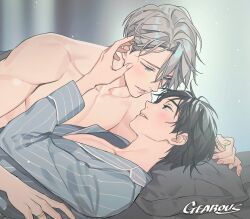 2boys artist_name bed black_hair blue_eyes blurry blush brown_eyes collarbone couple eye_contact fingernails gearous grey_hair hand_on_another&#039;s_face jewelry katsuki_yuuri looking_at_another lying male_focus multiple_boys on_back on_bed pajamas parted_lips pectorals pillow ring shirt smile topless_male twitter_username under_covers upper_body viktor_nikiforov yaoi yuri!!!_on_ice