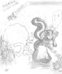 1girl @_@ animal_ears bird fart female_focus flower flying greyscale maid monochrome outdoors shaded_face sketch skirt skunk skunk_ears smell smoke solo spray surprised tail wide-eyed
