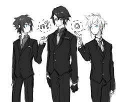 3boys alternate_costume anger_vein annoyed blue_eyes clenched_hand cloud_strife dissidia_final_fantasy dress_shirt expressionless fermium.ice final_fantasy final_fantasy_vii final_fantasy_viii final_fantasy_xv formal_clothes furrowed_brow gloves hand_up height_difference jacket looking_at_another male_focus monochrome multiple_boys neck_ribbon necktie noctis_lucis_caelum pants partially_unbuttoned pocket_square pointing pointing_at_another ribbon shirt short_hair simple_background sketch speech_bubble spiked_hair spot_color squall_leonhart standing suit suit_jacket upper_body white_background