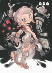 1girl agent_8_(splatoon) bare_arms bare_shoulders bodysuit boots brown_hair closed_mouth drizzling_cappriccioso dual_wielding expressionless fingernails full_body grey_eyes highres holding holding_weapon ink_tank_(splatoon) jelleton looking_at_viewer marching_andante medium_hair nintendo octoling order_dualies_(splatoon) parted_bangs sharp_fingernails sleeveless sleeveless_bodysuit socks solo spawning_accordo splatoon_(series) splatoon_3 splatoon_3:_side_order standing swarming_languendo tentacle_hair towering_nobilmente towo_nita weapon white_bodysuit white_boots white_socks