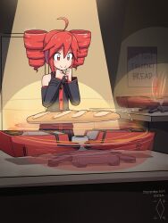 1girl ahoge artist_logo artist_name bag bare_shoulders black_shirt clenched_hand crossover dated detached_sleeves digiral drill_hair english_text expiration_date_(tf2) headphones highres indoors kasane_teto kasane_teto_(utau) logo red_eyes red_hair shirt short_hair sign sleeveless sleeveless_shirt smile solo split_mouth spotlight standing table team_fortress_2 teleporter_(tf2) twin_drills twitter_username upper_body utau