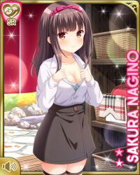 1girl black_dress black_leggings bow breasts brown_eyes brown_hair card_(medium) cleavage_cutout closed_mouth clothing_cutout day dress girlfriend_(kari) indoors large_breasts leggings medium_hair nagino_sakura official_art onsen qp:flapper shirt shoes smile socks solo standing tagme unbuttoned unbuttoned_shirt white_shirt