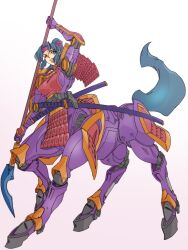 1girl absurdres arm_up armor black_hair breasts centaur commentary_request commission cyborg fang full_body headband highres holding holding_polearm holding_weapon hooves horse_tail japanese_armor joints katana koube_masahiko large_breasts long_hair looking_at_viewer multiple_legs naginata open_mouth original parted_bangs pixiv_commission polearm ponytail red_eyes red_headband robot_joints sheath sheathed shoulder_armor sidelocks simple_background solo standing standing_on_three_legs sword tabard tail taur weapon white_background