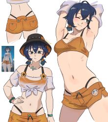 Rule 34 | 1girl, absurdres, armpits, belle (zenless zone zero), bikini, bikini under shorts, blue hair, breasts, bucket hat, commentary, cowboy shot, dashi (dashiart), from below, game screenshot inset, green eyes, hat, highres, medium breasts, multiple views, navel, orange bikini, orange shorts, reference inset, see-through clothes, see-through shirt, shirt, short hair, short shorts, shorts, simple background, stomach, swimsuit, thighs, tied shirt, undressing, white background, white shirt, zenless zone zero