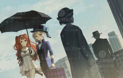 1boy 3girls black_coat black_hat black_pants black_umbrella black_vest blue_bow blue_sky boater_hat bow building checkered_hairband city coat collared_dress commission cowboy_shot dress dutch_angle facing_away from_behind gloves grey_eyes grey_hair hair_bun hairband hand_in_pocket hand_up hat hat_bow high_collar holding holding_suitcase holding_umbrella long_hair looking_at_viewer multiple_girls orange_hair outdoors pants pants_under_dress people reverse:1999 shared_umbrella short_dress short_hair single_side_bun sky smile sonetto_(reverse:1999) suitcase too_many_watermarks two_side_up umbrella vertin_(reverse:1999) vest waistcoat watermark white_dress white_gloves zhima_xing_bingle