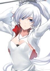 1girl arms_up blue_eyes breasts cleavage cropped_jacket dress earrings high_ponytail highres holding holding_sword holding_weapon jewelry looking_at_viewer mod_(miballdan) necklace parted_lips ponytail rwby scar scar_across_eye scar_on_face single_earring small_breasts solo sword weapon weiss_schnee white_dress white_hair