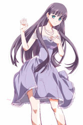 1girl artist_name bare_shoulders black_hair blunt_bangs cowboy_shot dress earrings eiyuu_densetsu elise_schwarzer green_eyes jewelry long_hair looking_at_viewer necklace sen_no_kiseki sen_no_kiseki_(series) sen_no_kiseki_iv simple_background smile solo waving white_background xiacheng_tatsuya