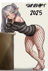 1girl 2025 absurdres artist_name ass bare_shoulders bent_over black_lips black_shirt blush collarbone curvy dated earrings feet fishnets frieren green_eyes highres huge_ass jewelry legs long_hair long_sleeves no_pants pointy_ears shirt sinpadart solo sousou_no_frieren striped_clothes sweater thick_thighs thighs tongue tongue_out twintails white_hair