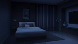 bed bed_sheet bedroom carpet curtains dark desk_lamp drawer highres indoors lamp night no_humans non-web_source official_art our_life:_beginnings_and_always photo_(object) pillow scenery television tile_floor tiles white_blanket