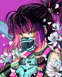 1girl animification apex_legends aqua_shirt artist_name black_hair bright_pupils chinese_commentary clothing_cutout flower fluorescent_tech_valkyrie hair_behind_ear jetpack looking_at_viewer mask mouth_mask multicolored_hair official_alternate_costume pink_hair portrait purple_background revision shirt shoulder_cutout streaked_hair valkyrie_(apex_legends) white_flower white_pupils xiaoye_ju_er