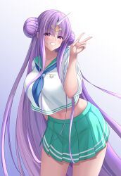 Rule 34 | 1girl, absurdres, aruru (pure x holic), breasts, crop top, crop top overhang, double bun, green skirt, grin, hair bun, highres, horns, large breasts, long hair, looking at viewer, navel, pure x holic, purple eyes, purple hair, school uniform, serafuku, single horn, skirt, smile, solo, thighs, tomioka (r2czw), v