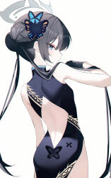 1girl absurdres back_cutout backless_dress backless_outfit black_dress black_gloves black_hair blue_archive butterfly_hair_ornament china_dress chinese_clothes closed_mouth clothing_cutout cowboy_shot diamond_cutout dragon_print dress from_behind gloves grey_eyes grey_halo hair_bun hair_ornament halo highres kisaki_(blue_archive) long_hair looking_at_viewer looking_back simple_background sleeveless sleeveless_dress solo twintails usagi_(786113654) white_background