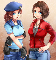 Rule 34 | 2girls, arm under breasts, belt, belt pouch, beret, black gloves, blue eyes, blue headwear, blue pants, blue shirt, breasts, brown background, brown hair, claire redfield, commentary request, cosplay, costume switch, cowboy shot, denim, elbow pads, emblem, eyes visible through hair, fingerless gloves, forehead, gloves, gradient background, grey sweater, hand on own hip, hat, holster, holstered, jacket, jeans, jewelry, jill valentine, knife, knife sheath, light smile, lips, looking at viewer, medium breasts, medium hair, multiple girls, nagare, necklace, open mouth, pants, pendant, ponytail, pouch, red jacket, resident evil, resident evil 1, resident evil 2, resident evil 2 (remake), resident evil 3: nemesis, resident evil 3 (remake), sheath, shirt, short hair, short ponytail, short sleeves, side-by-side, standing, sweater, twitter username, unzipped