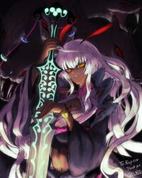 Rule 34 | armor, bath, blonde hair, breasts, dark-skinned female, dark skin, darkness, evil grin, evil smile, glowing, glowing eyes, grin, highres, holding, holding sword, holding weapon, huge breasts, itou ittousai (sengoku bushouki muramasa), long hair, navel, ofuro, red eyes, sengoku bushouki muramasa, shiny skin, smile, sword, weapon, yellow eyes