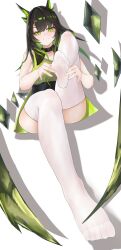 1girl absurdres arknights black_hair feet green_eyes highres long_hair looking_at_viewer mon3tr_(arknights) see-through_clothes see-through_legwear smile soles tabula_rasa_(user_mvre4483) thighhighs toes white_thighhighs