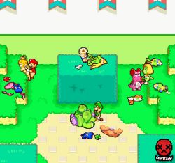 4boys 4girls animated animated_gif birdo blonde_hair bouncing_breasts breasts newsboy_cap clothed_male_nude_female colored_pubic_hair colored_skin creature crown dinosaur facial_hair fellatio gloves grass green_headwear green_skin green_sweater hat hetero interspecies kneeling lady_lima large_breasts luigi mario mario_&amp;_luigi:_superstar_saga mario_&amp;_luigi_rpg mario_(series) mature_female mayin multiple_boys multiple_girls mustache nintendo nipples nude on_floor on_ground oral outdoors pea_(mario) penis pixel_art prince_peasley princess_peach purple_hair purple_pubic_hair queen_bean red_headwear red_sweater sex sex_from_behind size_difference sweater tagme toadsworth uncensored unworn_clothes what white_gloves