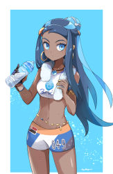 1girl aquarius_(drink) armlet bad_id bad_pixiv_id belly_chain bikini black_hair blue_background blue_eyes blue_hair bottle brand_name_imitation cowboy_shot dark-skinned_female dark_skin earrings female_focus gloves groin gym_leader highres holding holding_bottle holding_towel hoop_earrings jewelry long_hair looking_at_viewer lowleg lowleg_shorts mei_(maysroom) midriff multicolored_hair navel necklace nessa_(pokemon) nintendo pokemon pokemon_swsh product_placement shorts sidelocks simple_background single_glove soda_bottle solo sports_drink sweatband swimsuit tankini toned towel towel_around_neck two-tone_background white_background wristband