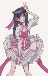 1girl armlet black_hair bow collared_shirt dawn_(contest)_(pokemon) dawn_(pokemon) dress enekonoshippo27 frills hair_bow hair_ornament hand_up idol idol_clothes jewelry nintendo pink_ribbon pokemon pokemon_bdsp ribbon shirt solo two-tone_dress v white_background white_dress