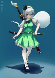 1girl black_bow black_bowtie black_hairband black_shoes blue_eyes bow bowtie breasts character_name chinese_commentary collared_shirt commentary_request full_body green_skirt green_vest grey_hair hairband hitodama hitodama_print katana konpaku_youmu konpaku_youmu_(ghost) looking_at_viewer mary_janes multiple_swords pantyhose puffy_short_sleeves puffy_sleeves shadow sheath sheathed shirt shoes short_hair short_sleeves skirt skirt_set solo sword sword_on_back tachi-e touhou unsheathing vest weapon weapon_on_back white_pantyhose white_shirt yufengdada