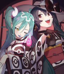 2girls absurdres alternate_costume aqua_hair black_bow black_choker black_gloves black_hair black_kimono blush bow brown_eyes choker closed_mouth colored_tongue dark_miku_(project_voltage) fukami_suiren ghost_miku_(project_voltage) glitch gloves hat hat_bow hatsune_miku highres japanese_clothes kimono long_hair long_sleeves luxury_ball multiple_girls nintendo official_alternate_hairstyle one_eye_closed open_mouth poke_ball poke_ball_print poke_ball_symbol pokemon project_voltage purple_tongue smile tongue tongue_out twintails very_long_hair vocaloid white_hat white_kimono wide_sleeves yellow_eyes