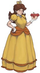 Rule 34 | 1girl, absurdres, artrextino, blue eyes, brown hair, crown, dress, earrings, elephant fruit, flower earrings, food, fruit, full body, gloves, highres, holding, holding food, holding fruit, jewelry, long dress, mario (series), nintendo, princess daisy, puffy short sleeves, puffy sleeves, short sleeves, simple background, solo, white background, white gloves, yellow dress