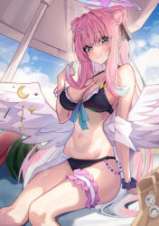 1girl absurdres alternate_costume bikini black_bikini blue_archive blue_hair blue_scrunchie blush breasts cleavage closed_mouth commentary day double_bun feathered_wings frilled_thigh_strap hair_between_eyes hair_bun halo hand_up hidel highres holding holding_own_hair large_breasts light_smile long_hair looking_at_viewer low_wings mika_(blue_archive) multicolored_hair navel outdoors pink_hair pink_halo scrunchie sitting solo stomach swimsuit thigh_strap very_long_hair white_wings wings yellow_eyes