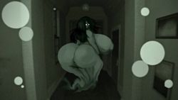 1girl ass backboob breasts dress female_focus from_behind full_body ghost gigantic_breasts glowing glowing_eyes huge_ass huge_breasts indoors looking_at_viewer looking_back profile sideboob solo standing thecon white_dress