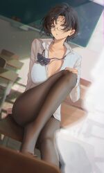 Rule 34 | 1girl, aruhi (pyxk7325), black-framed eyewear, black hair, black pantyhose, blurry, blurry background, blurry foreground, board eraser, bra visible through clothes, breasts, chair, chalkboard, chromatic aberration, classroom, collarbone, collared shirt, commentary request, crooked eyewear, curtains, day, depth of field, desk, dutch angle, foot out of frame, glasses, grey eyes, highres, indoors, knee up, large breasts, long sleeves, looking at viewer, messy hair, no pants, no shoes, nose pads, on desk, open clothes, open shirt, original, pantyhose, parted lips, school chair, school desk, semi-rimless eyewear, shadow, shirt, short hair, sitting, solo, tile floor, tiles, under-rim eyewear, white shirt, wing collar