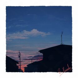 alu.m_(alpcmas) antennae blue_sky building cloud cloudy_sky commentary_request dusk gradient_sky highres house no_humans orange_sky original outdoors scenery signature sky urban