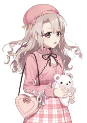 1girl akaneko016 bag blonde_hair blush breasts dress fate/kaleid_liner_prisma_illya fate_(series) hat illyasviel_von_einzbern long_hair long_sleeves looking_at_viewer open_mouth pink_dress pink_hat plaid_clothes plaid_skirt red_eyes shoulder_bag sidelocks skirt small_breasts solo stuffed_animal stuffed_toy teddy_bear
