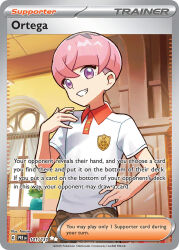 1boy artist_name buttons card_(medium) character_name collared_shirt company_name copyright_name copyright_notice curtains english_text eyelashes hand_on_own_hip indoors male_focus naranja_academy_school_uniform nintendo official_alternate_costume official_art ortega_(pokemon) pink_hair plant pokemon pokemon_card pokemon_sv pokemon_tcg potted_plant purple_eyes school_uniform shirt short_hair short_sleeves smile solo team_star teeth teeziro third-party_source trading_card white_shirt window
