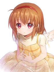 Rule 34 | 1girl, alternate costume, brown hair, dress, hairband, kanon, lliissaawwuu2, orange dress, red eyes, red hairband, shirt, short hair, simple background, solo, spaghetti strap, tsukimiya ayu, white background, wings, yellow shirt