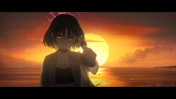 1girl artist_name barbell_piercing beach bikini bikini_under_clothes black_bikini black_hair blue_archive brown_eyes choker dark ear_piercing halo highres industrial_piercing kis_sako letterboxed looking_at_viewer misaki_(blue_archive) misaki_(swimsuit)_(blue_archive) ocean official_alternate_costume piercing pinstripe_pattern pinstripe_shirt red_halo shirt short_hair solo star_halo striped_clothes sunset swimsuit