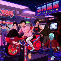 Rule 34 | 2girls, 6+boys, absurdres, akira (manga), arcade, blue skin, canon (company), capsule, citizen (company), colored skin, crane game, english text, exit sign, highres, jacket, japanese text, kai (akira), kaisuke (akira), kaneda shoutarou&#039;s bike, kaneda shoutarou (akira), kei (akira), motor vehicle, motorcycle, multiple boys, multiple girls, neon lights, otomo katsuhiro (style), sega, shima tetsuo, shirt, sport bike, street fighter ii, stuffed animal, stuffed toy, tagme, takashi (akira), teddy bear, torn clothes, torn shirt, video game, yamagata, yamagata (akira)