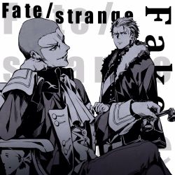 2boys alexandre_dumas_(fate) antique_phone buzz_cut chair coat copyright_name elbow_rest fate/strange_fake fate_(series) fur_collar high_contrast highres holding holding_phone male_focus monochrome multiple_boys orlando_reeve phone redoxhn rotary_phone scar short_hair sitting very_short_hair