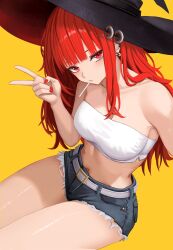 Rule 34 | 1girl, absurdres, bare shoulders, belt, black shorts, collarbone, crop top, cutoffs, food in mouth, hat, highres, long hair, looking at viewer, midriff, original, red eyes, red hair, red nails, shorts, simple background, solo, strapless, tube top, v, val (yan kodiac), white belt, white tube top, witch hat, yan kodiac, yellow background