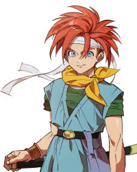 Rule 34 | 1boy, belt, blue eyes, blue tunic, bracelet, chrono trigger, crono (chrono trigger), floating clothes, green shirt, hand on hilt, headband, highres, jewelry, korean commentary, looking at viewer, male focus, neckerchief, orange hair, pg pargon, purple bag, shirt, short hair, smile, solo, spiked hair, sword, toned, toned male, tunic, upper body, weapon, white background, white headband, yellow neckerchief