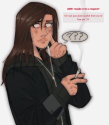 1girl ? ?? averting_eyes black_coat black_eyes brown_hair cigarette coat cry_of_fear earbuds earphones english_text highres holding holding_cigarette hood hood_down index_finger_raised medium_hair request_inset sangthael smoke smoking solo sophie_(cry_of_fear) speech_bubble sweatdrop upper_body white_background