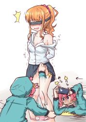 2girls absurdres blindfold blush cellphone clothes_lift embarrassed eromanga_sensei female_pervert highres izumi_sagiri jinno_megumi loli mack multiple_girls pae_(ac40935_m41) panties panties_around_ankles panty_pull pervert phone restrained skirt skirt_lift smartphone taking_picture underwear undressing yuri
