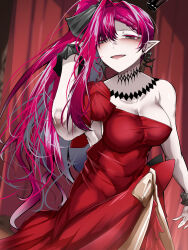 1girl baobhan_sith_(exhibition_attire)_(fate) baobhan_sith_(fate) baobhan_sith_(swimsuit_pretender)_(fate) baobhan_sith_(swimsuit_pretender)_(third_ascension)_(fate) bare_shoulders breasts cleavage crown dress earrings fate/grand_order fate_(series) highres jewelry large_breasts long_hair looking_at_viewer necktie pink_hair pointy_ears red_dress side_ponytail tgxx3300