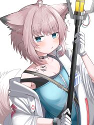Rule 34 | 1girl, absurdres, ahoge, animal ears, arknights, blue eyes, blue vest, blush, coat, cross, fox ears, fox girl, fox tail, gloves, greek cross, highres, holding, holding staff, infection monitor (arknights), long sleeves, looking at viewer, material growth, open mouth, oripathy lesion (arknights), pink hair, red cross, short hair, simple background, solo, spam (spamham4506), staff, sussurro (arknights), tail, upper body, vest, white background, white coat, white gloves