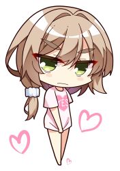 &gt;:( 1girl absurdres blush_stickers brown_hair casual chibi closed_mouth clothes_writing commentary_request covering_crotch covering_privates frown green_eyes hair_between_eyes hair_intakes hair_ornament hair_scrunchie heart heart_print highres jitome long_hair looking_at_viewer low_side_ponytail mikuni_sairi pink_shirt scrunchie sesen2000 shirt shirt_tug short_sleeves simple_background solo standing tenshi_souzou_re-boot! tsurime v-shaped_eyebrows white_background white_scrunchie yes