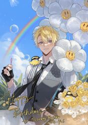 Rule 34 | 1boy, balloon, birthday, black gloves, black headwear, black necktie, blonde hair, blue sky, bouquet, briskadet (sonny brisko), bubble, bubble wand, buttons, character name, cloud, collared shirt, commentary, dandelion seed, dated, day, dress shirt, english commentary, fingerless gloves, flower, flower balloon, gloves, goggles, goggles on headwear, gradient hair, grey vest, hair between eyes, hand up, happy birthday, helmet, highres, holding, long sleeves, looking at viewer, male focus, mole, mole on neck, multicolored hair, necktie, nijisanji, nijisanji en, on shoulder, outdoors, pants, parted bangs, parted lips, plant, purple eyes, rainbow, rose, shirt, short hair, sky, smile, sonny brisko, vest, virtual youtuber, white flower, white hair, white pants, white shirt, wing collar, yacoyaco 320, yellow flower, yellow rose