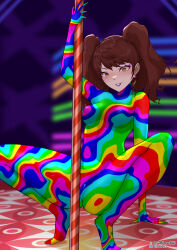 1girl bodysuit breasts brown_hair corruption dark_persona earrings evil_smile eyeshadow highres jewelry kujikawa_rise long_hair makeup multicolored_bodysuit persona persona_4 pole pole_dancing possessed purple_eyeshadow purple_lips shadow_(persona) shadow_rise small_breasts smile solo spread_legs stripper stripper_pole twintails yami-mochi yellow_eyes