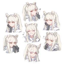 1girl :d ;) ^_^ absurdres animal_ear_fluff animal_ears arknights black_gloves blowing_kiss bright_pupils closed_eyes closed_mouth commentary cropped_shoulders english_commentary facing_viewer gloves grey_hair hand_on_own_cheek hand_on_own_chin hand_on_own_face hands_up happy heart highres jacket long_hair looking_ahead looking_at_viewer multiple_expressions notice_lines one_eye_closed open_mouth platinum_(arknights) ponytail puckered_lips sidelocks simple_background smile sparkle sparks_summer thinking white_background white_jacket white_pupils yellow_eyes