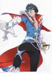 1boy absurdres adam&#039;s_apple belt black_hair black_pants blue_coat blue_shirt boots breasts cape capelet chest_harness chest_strap cleavage coat collar collarbone costume dynamic_pose eye_mask from_below fukuda_tomonori gloves goggles gold_trim hair_ornament hand_on_weapon harness hidaka_subaru highres male_focus mask muscular muscular_male non-web_source official_art open_clothes open_collar open_shirt pants pectorals rapier red_cape robotics;notes scan shirt simple_background smile smirk solo sword weapon white_background white_boots white_gloves zipper zipper_footwear zipper_pull_tab