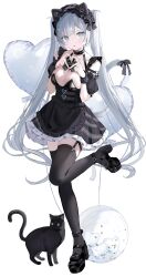1girl absurdres animal_ears balloon black_bow black_cat black_choker black_dress black_thighhighs blue_eyes blush boots bow breasts cat cat_ears cat_girl cat_tail choker cleavage dress frills garter_straps hair_bow hair_ornament haruhiruri headdress heart heart_balloon heart_hands highres large_breasts long_hair looking_at_viewer open_mouth original short_dress simple_background tail thighhighs twintails very_long_hair white_background white_hair